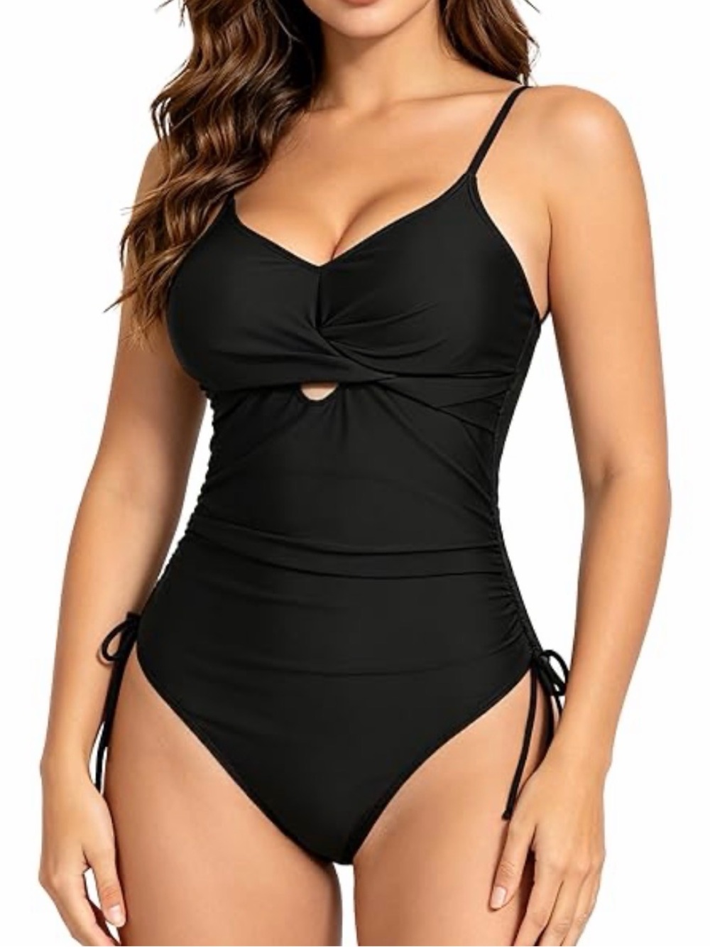 Black One-Piece Twist Front Swimwear with Side Ties